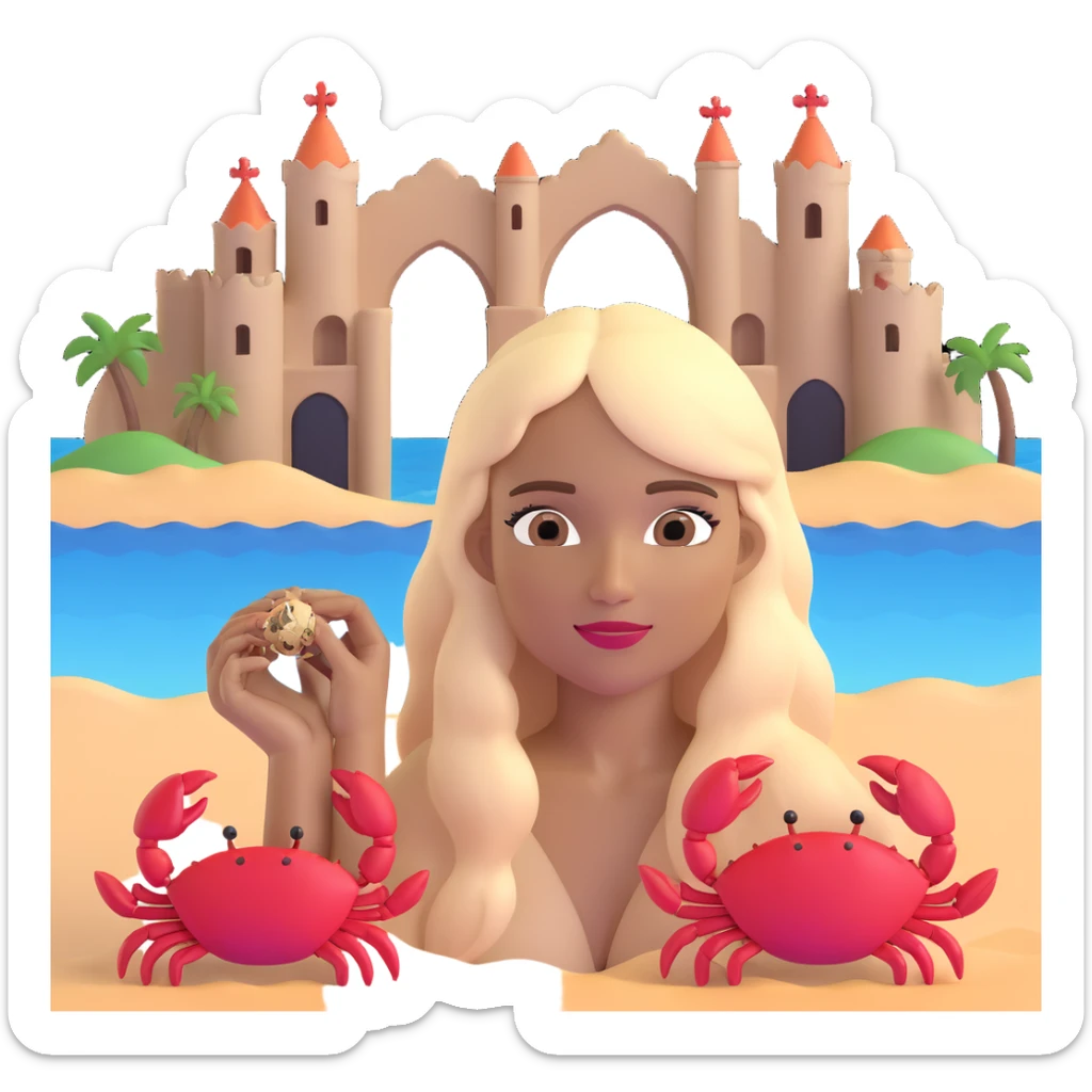 woman with long straight darker blonde hair, light brown skin, with the three iconic arches of Atalaia Beach (Aracaju-SE) in the background, and a small crab as a detail near her sticker