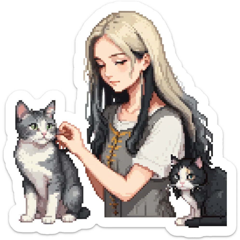 Beautiful girl with long black hair petting a gray and blonde mixed cat sticker