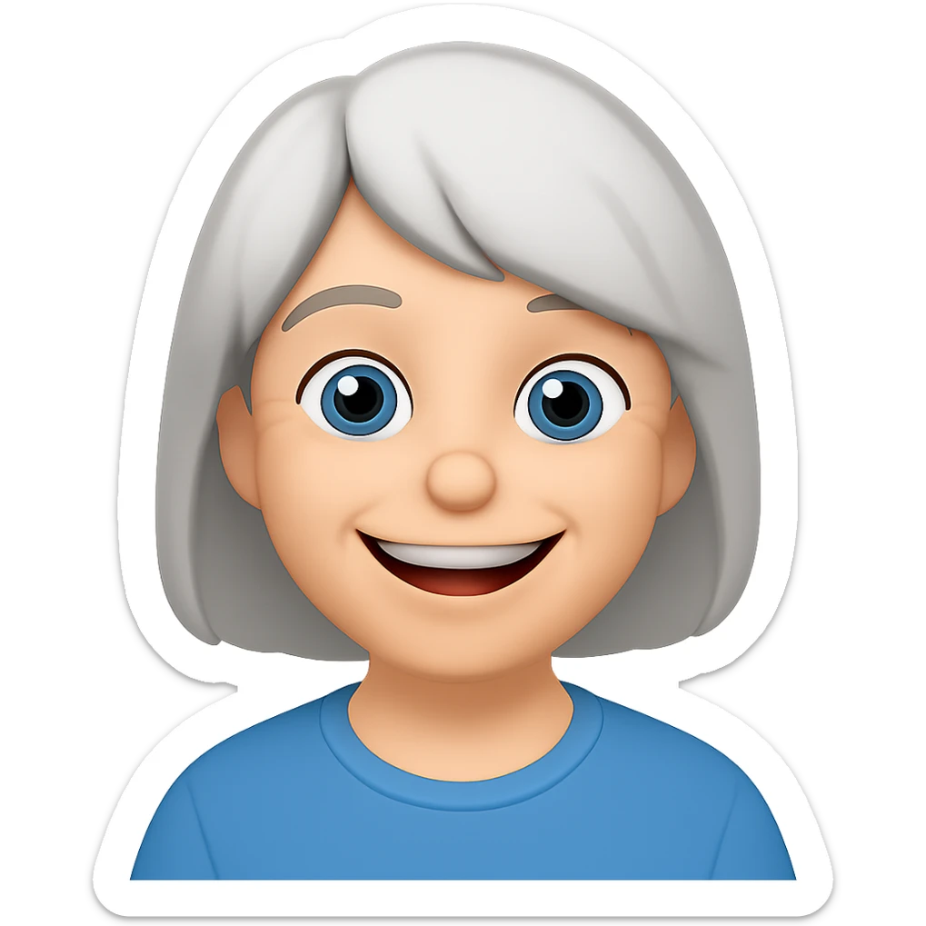 Make the older woman have a bigger and friendly smile, in the style of Apple Memoji with flat colors and soft edges, no background. sticker