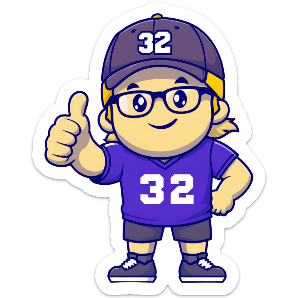 Man with black and white cap, purple sports jersey with number 32, clear glasses, disheveled light blond mullet hairstyle, thumbs up gesture, relaxed expression sticker