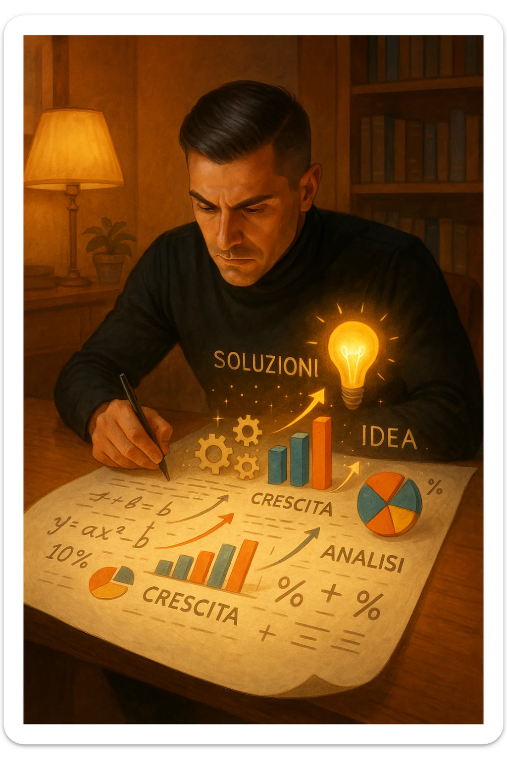 Un uomo concentrato, seduto alla sua scrivania in una stanza con luce calda, sta scrivendo su un enorme foglio di carta che si espande magicamente davanti a lui. Mentre scrive, le parole si trasformano in elementi visivi tridimensionali che rappresentano le soluzioni ai suoi problemi in italiano sticker