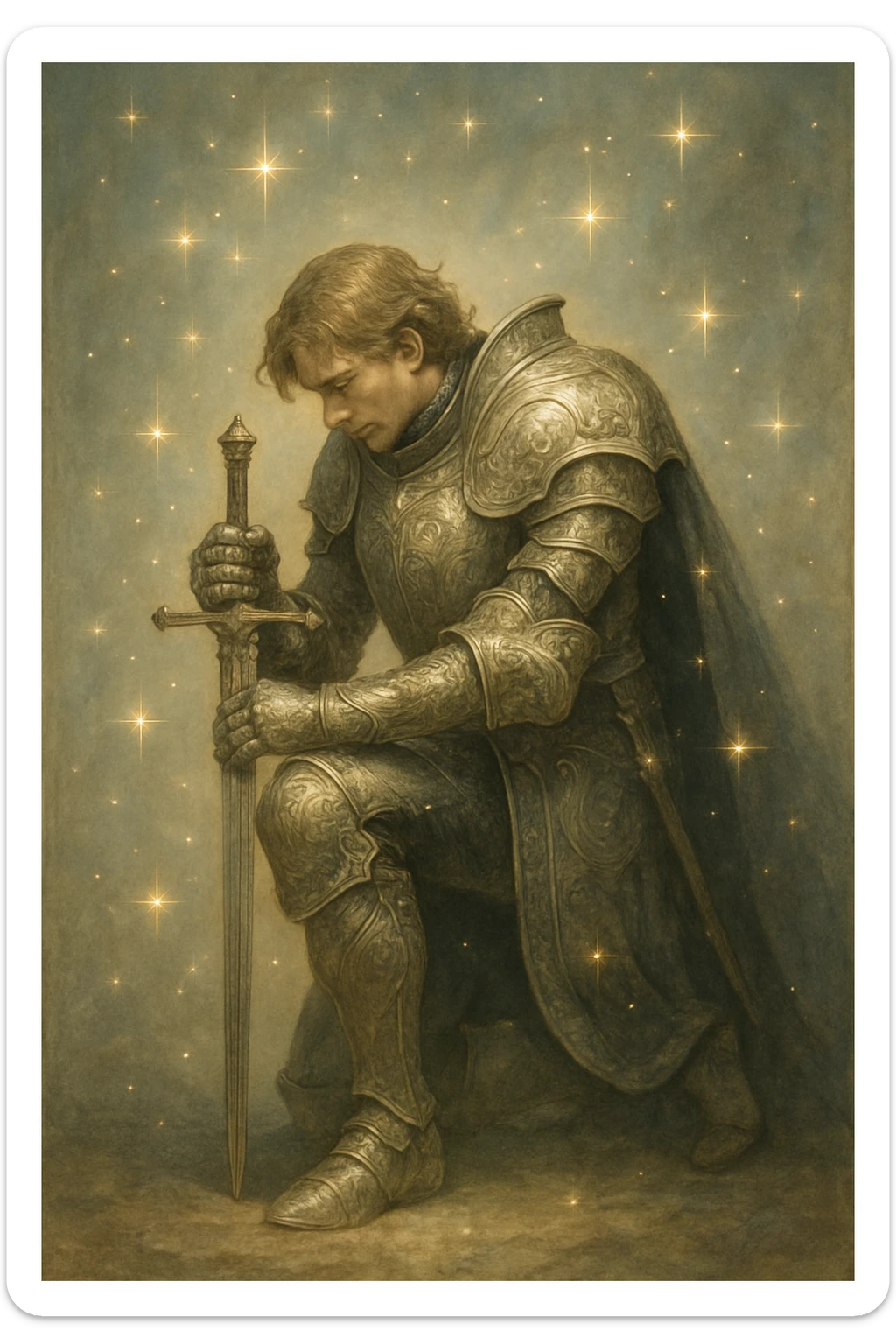 a knight kneeling with sparkles around him, detailed, elegant, fantasy illustration sticker