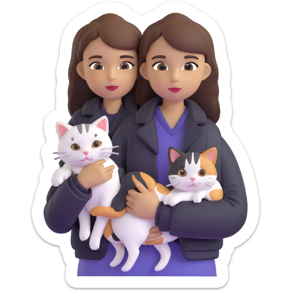 Light-skinned girl with brown straight hair wearing a black jacket, holding one completely white cat and one calico cat sticker