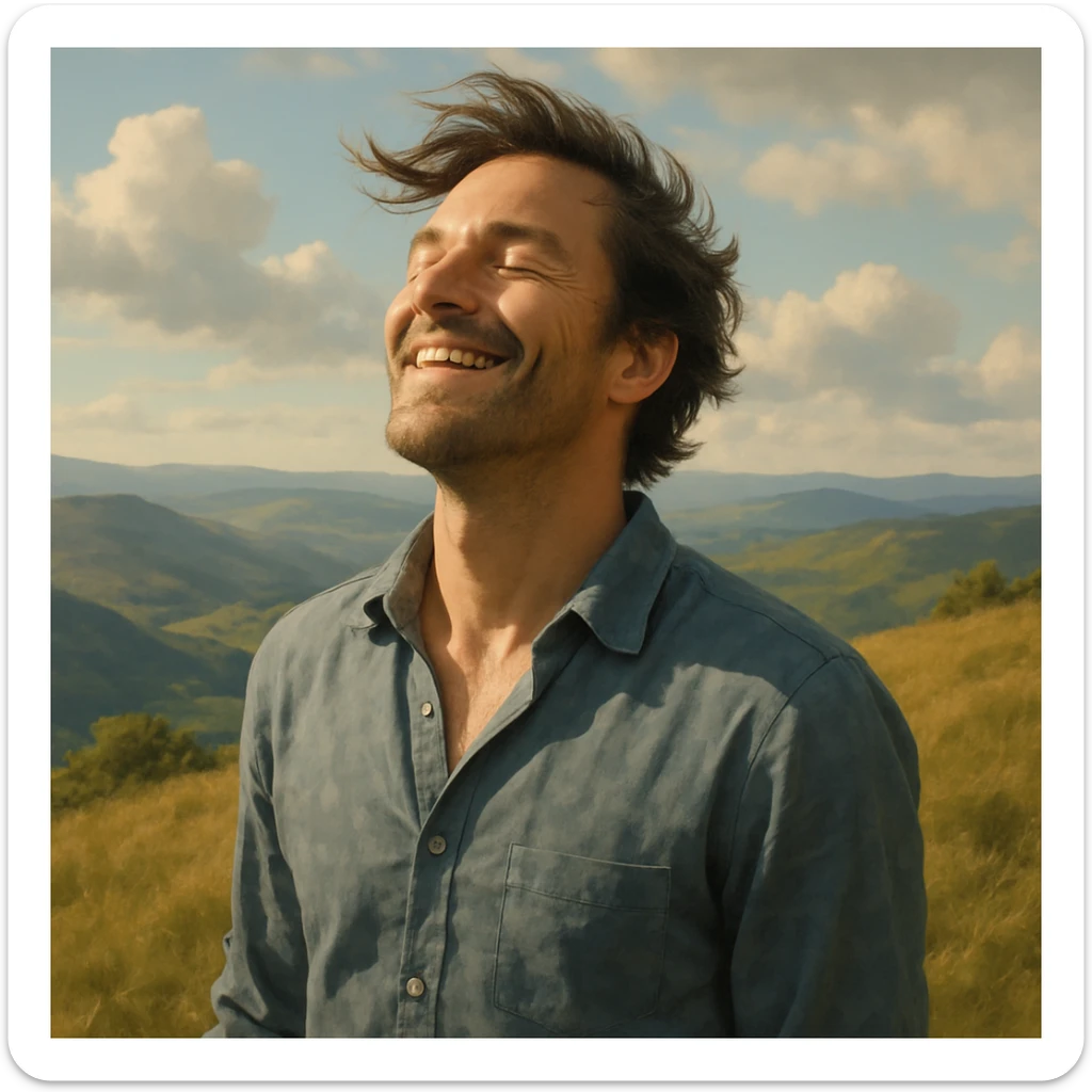 A smiling man with wind-blown hair, eyes closed, face turned to the sky, standing on a hilltop, capturing the feeling of a free spirit, gentle realistic style sticker