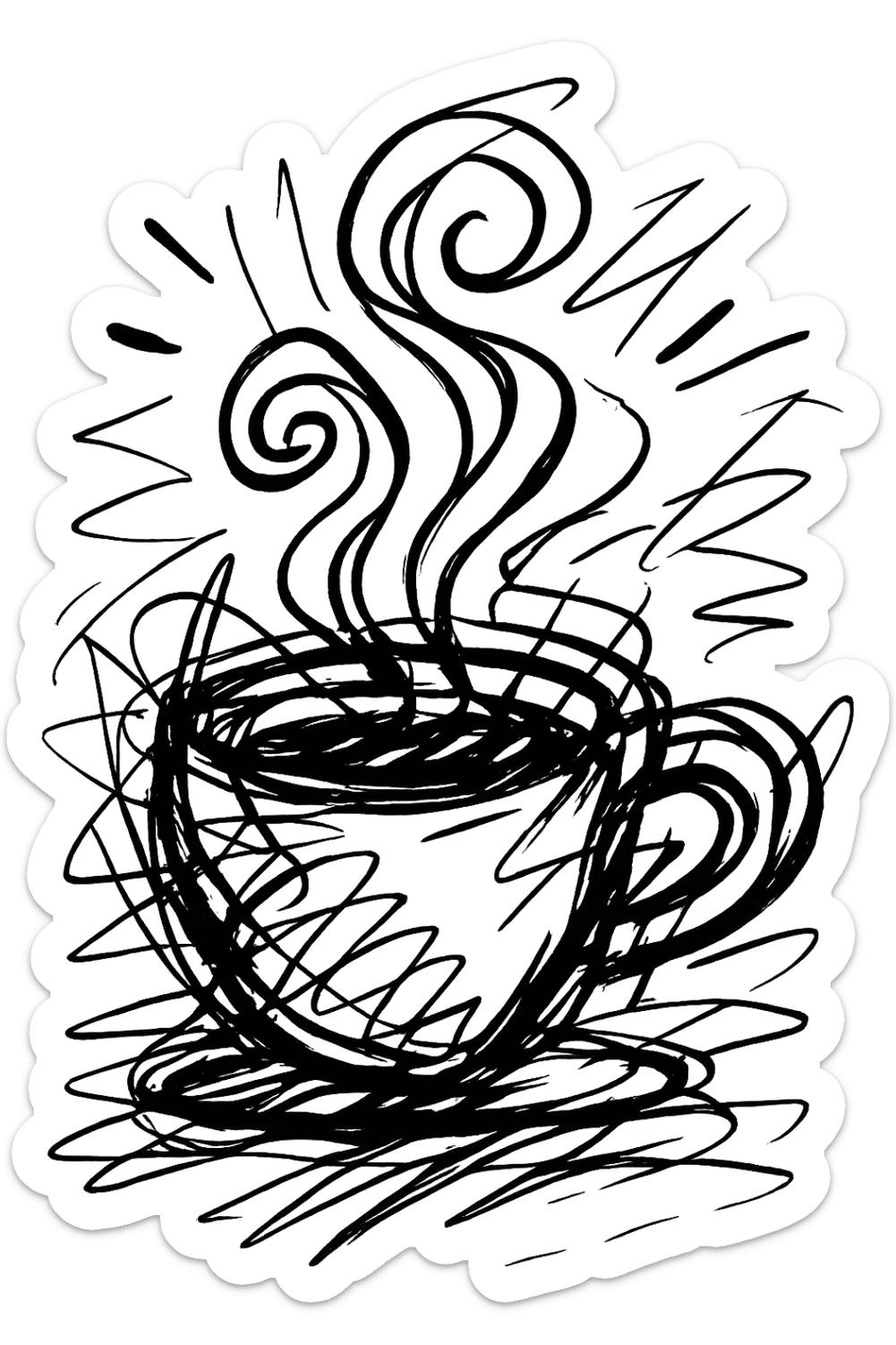 chaotic hand-drawn black outline icon of a coffee cup with swirling steam and scribbled lines sticker