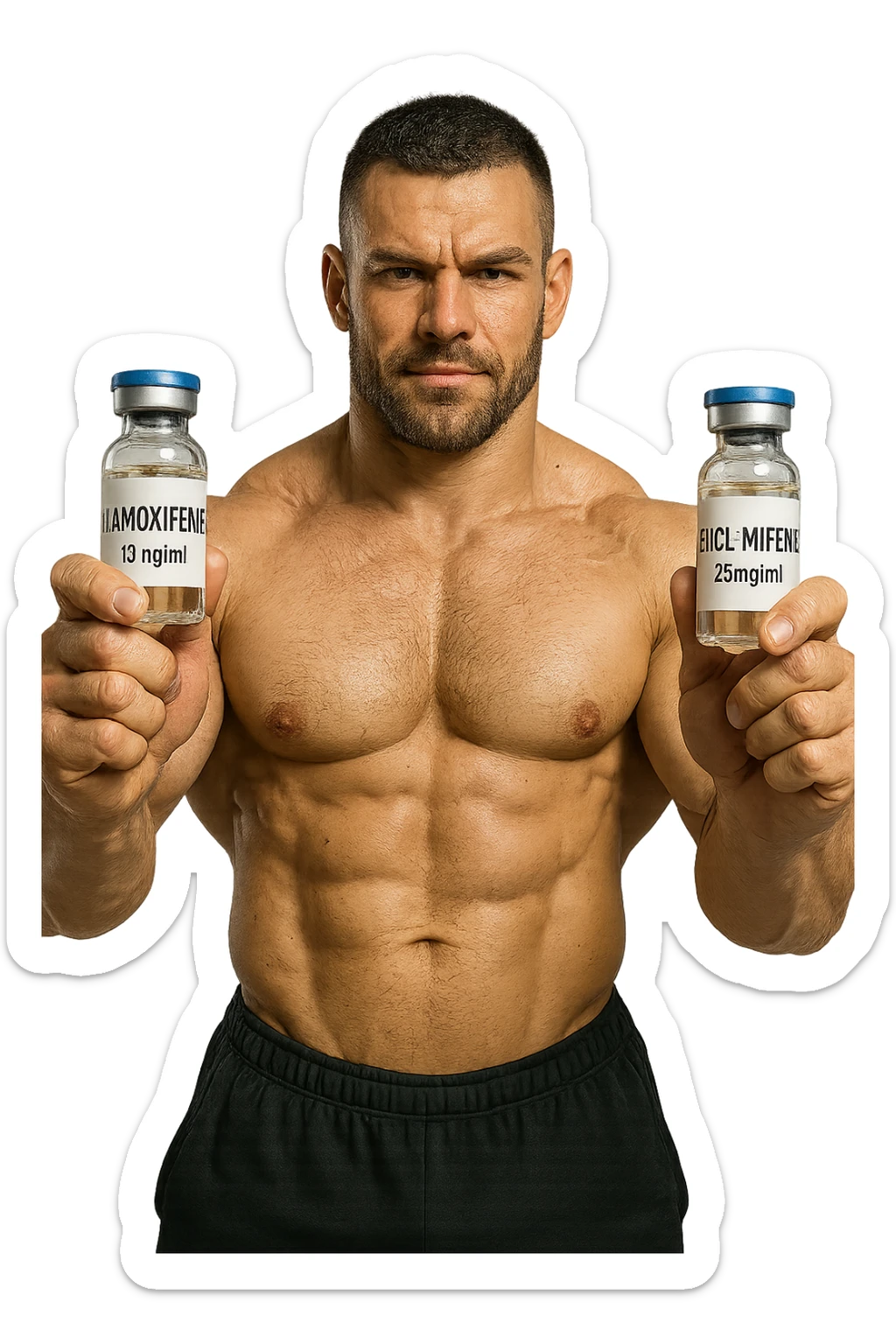 bodybuilder tiene una fiala medica con la scritta "TAMOXIF€NE" NELLA MANO DESTRA E UNA FIALA CON LA SCRITTA €NCL*MIFENE" NELLA MANO SINISTRA sticker