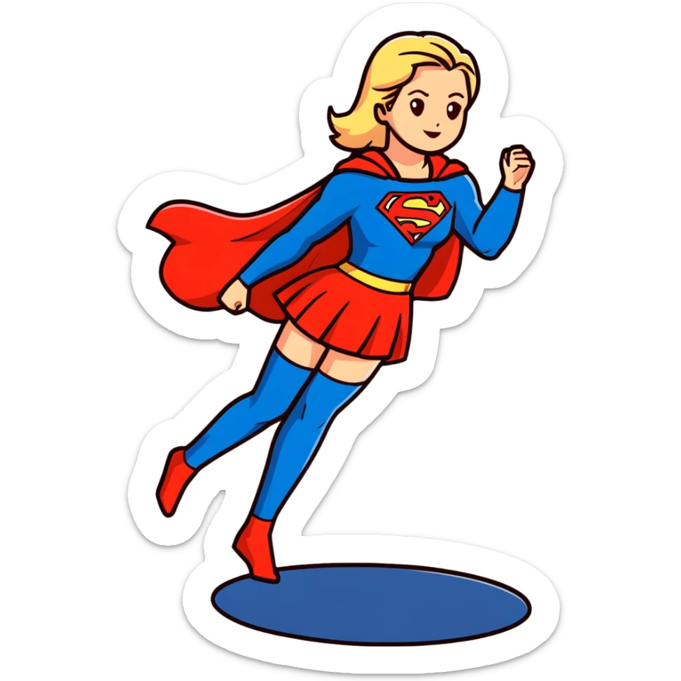 Supergirl in classic costume, full body view showing blue tights, red skirt, and cape with S symbol sticker