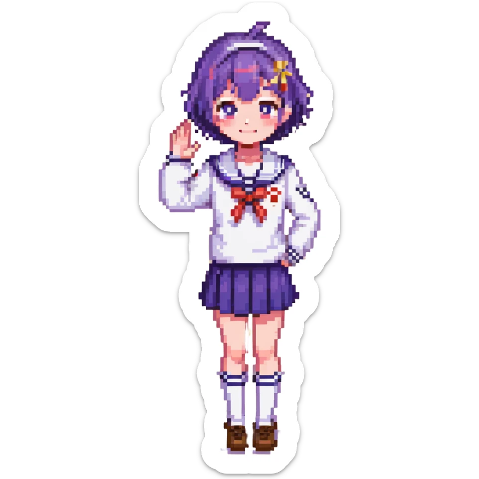 Pixel art anime girl with short bright purple hair wearing Japanese sailor style school uniform, composed posture with hand on hip but shyly waving with other hand, blushing face and timid smile, very shy expression sticker