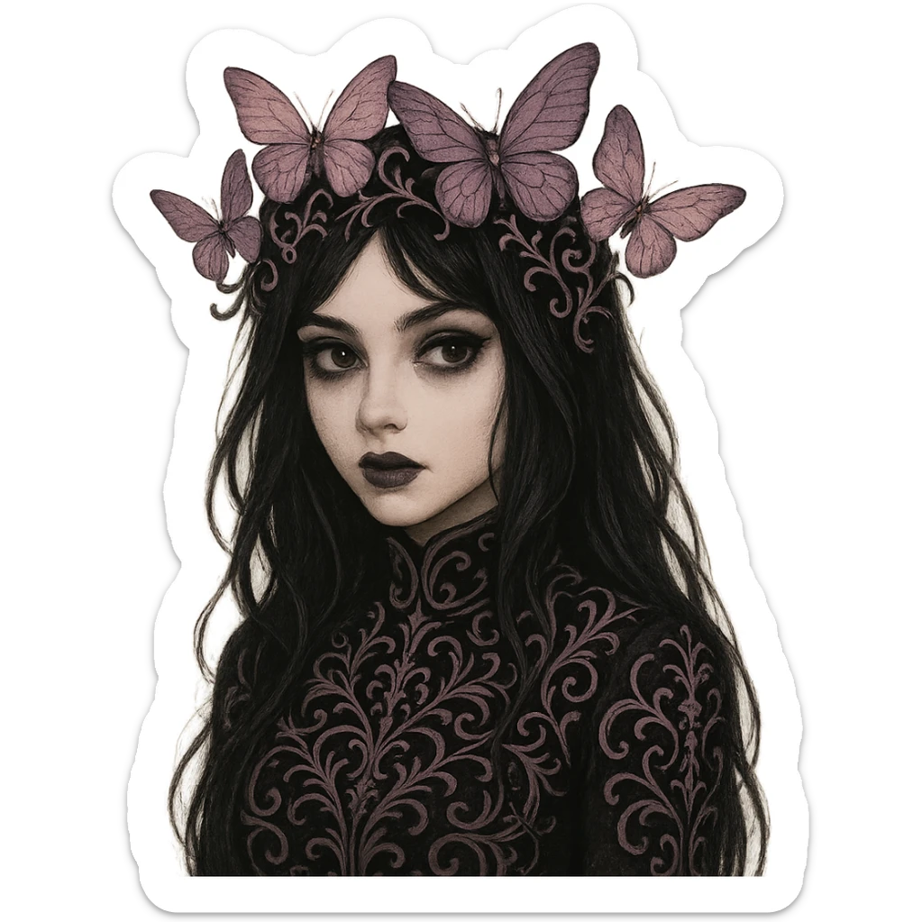 elegant emo girl, gothic filigree, butterfly crown in matte pink and purple, dark hair, mysterious vibe sticker