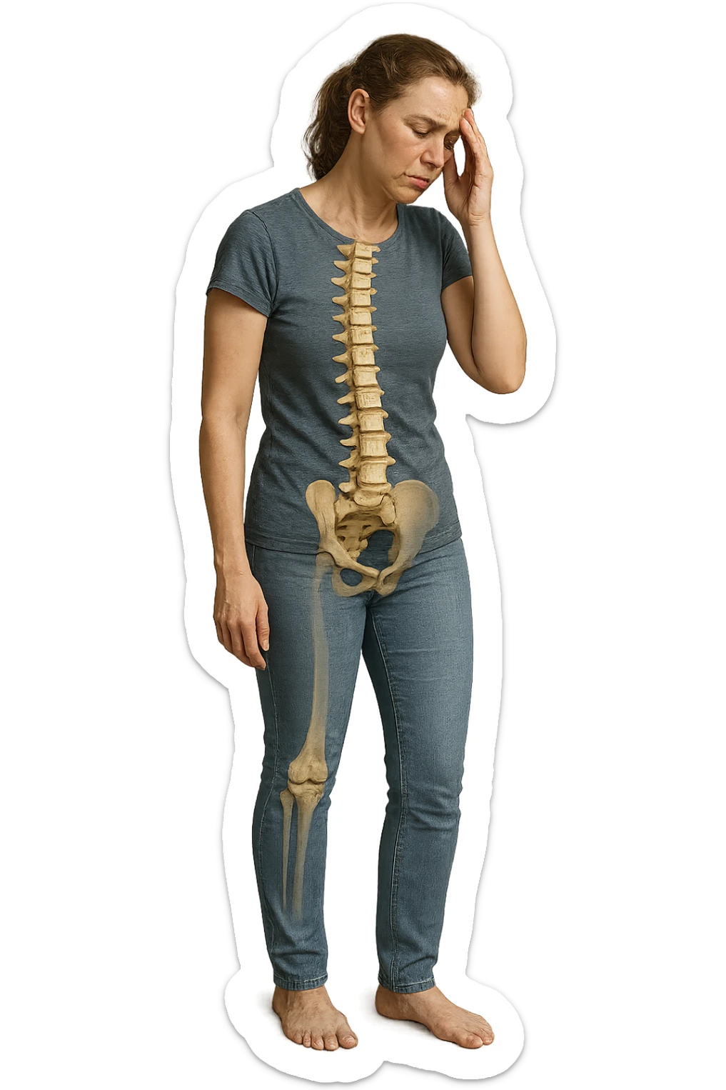 donna stanca a figura intera che si tiene una mano sulla tempia con spina dorsale anatomica visibile, iperrealistico 4k sticker