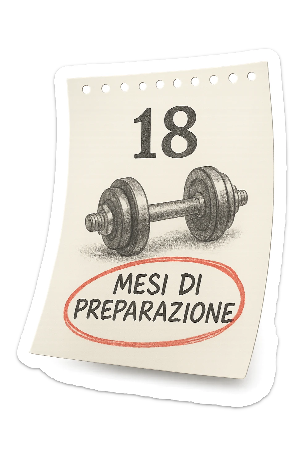 foglio di calendario con manubri da palestra disegnati e la scritta a penna "18 MESI DI PREPARAZIONE" CERCHIATA IN ROSSO, FALLO MOLTO REALISTICO IN 3D sticker