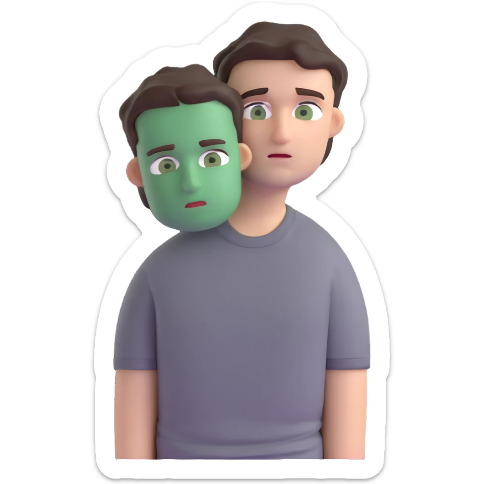 man with dark messy short hair, dark green eyes, wearing a gray t-shirt sticker