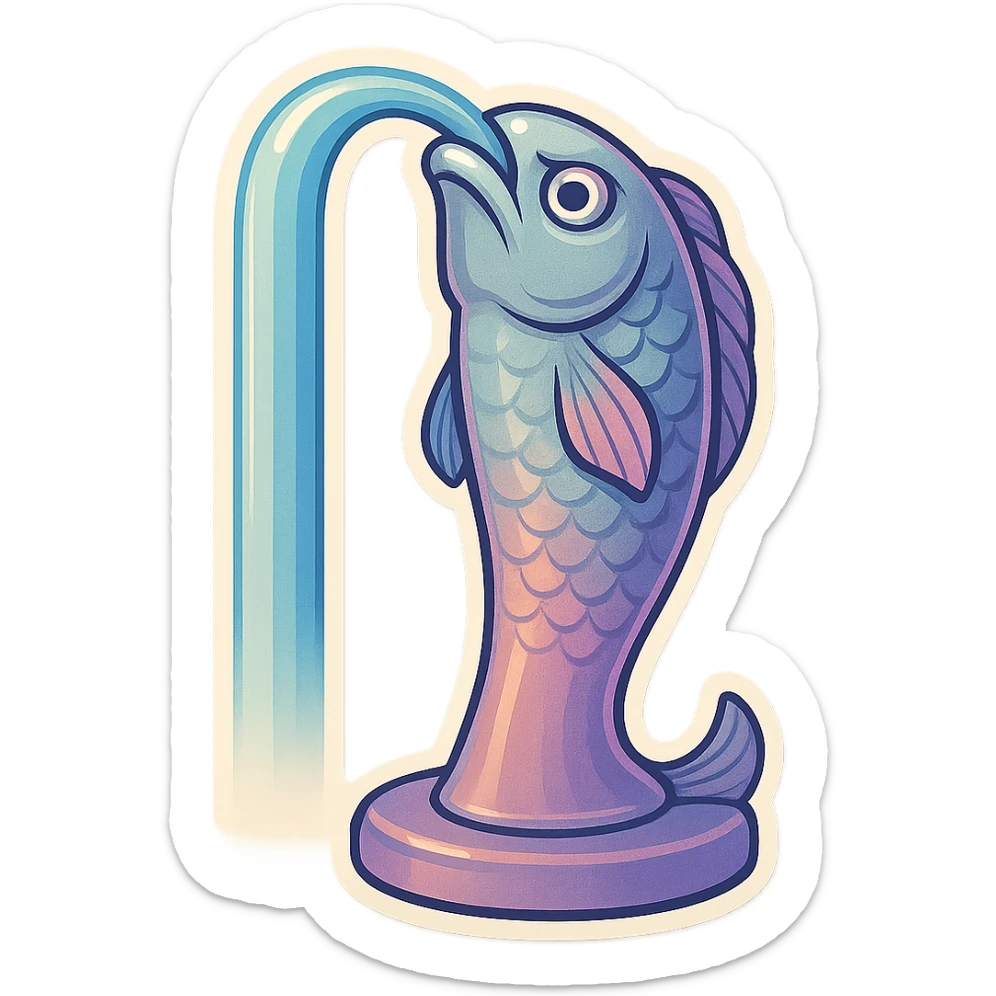 Elongated vertical fountain in the shape of a serious fish with a stream of water flowing from its mouth, detailed drawing with shadows and highlights, thin clean contours, soft rounded shapes, pastel palette #98B5BC, #B5B3C1, #C9A3C9, #E4C0CA, #F7DCD1, #F7C0AA, modern Japanese pop-art style, soft lighting, transparent background, no decoration. sticker