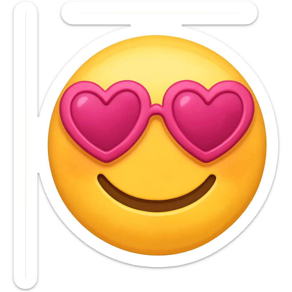 yellow face with pink heart glasses, digital illustration, emoji style, no background sticker