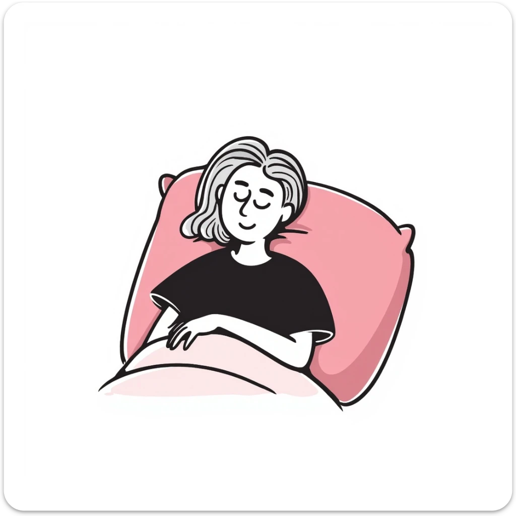 A detailed illustration of a girl with light brown hair and gray eyes, lying comfortably on a pink pillow, in the style of iOS 18 and Notion's black doodle aesthetic sticker