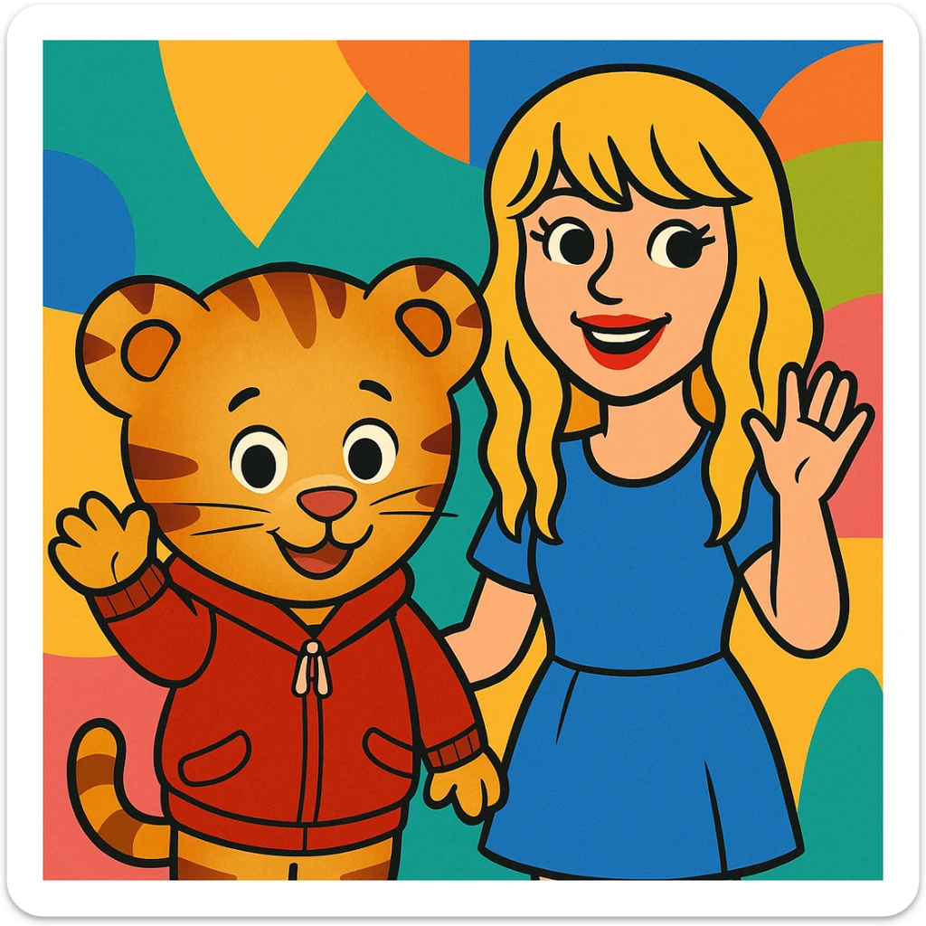 Daniel Tiger and Taylor Swift together, vibrant toon style, smiling and waving sticker