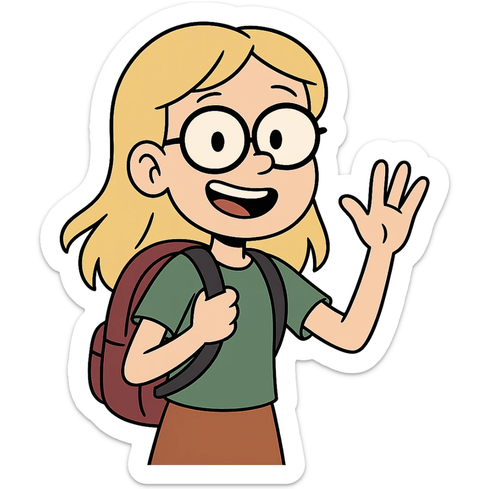 6th grade girl with blonde hair and glasses, waving, wearing a backpack, cartoon style sticker
