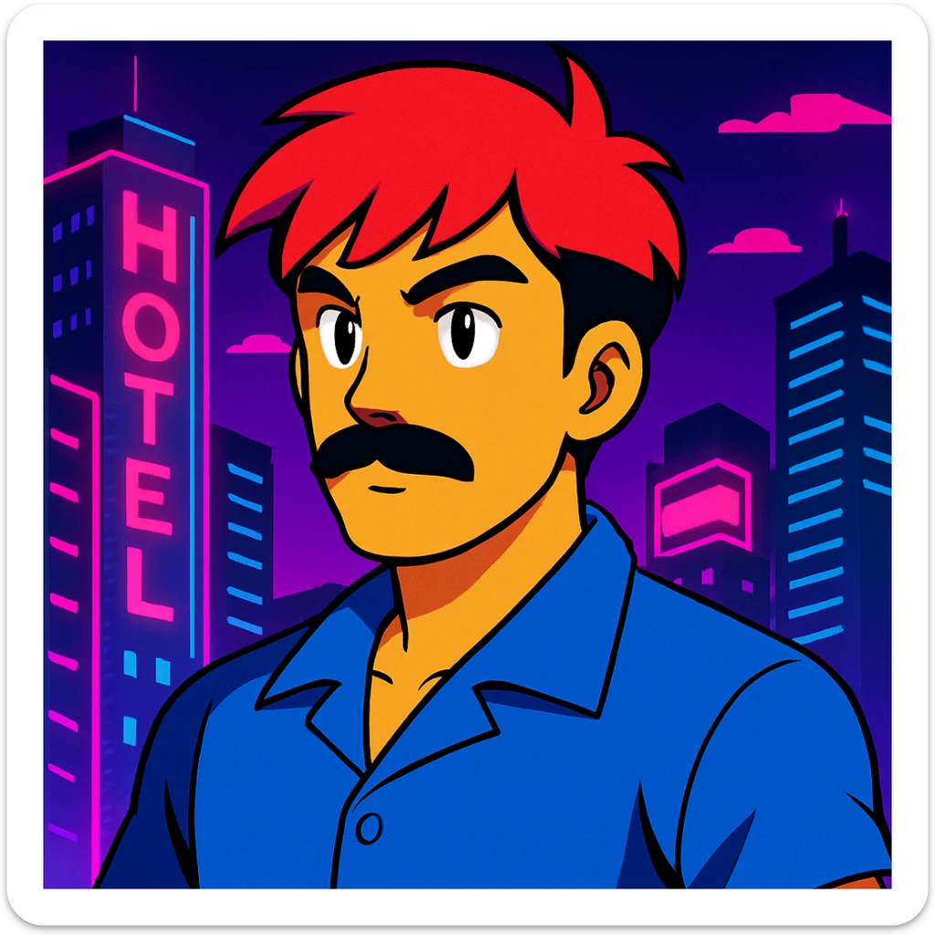 Add a neon city background, keep the 90's anime style and all original colors and lighting sticker