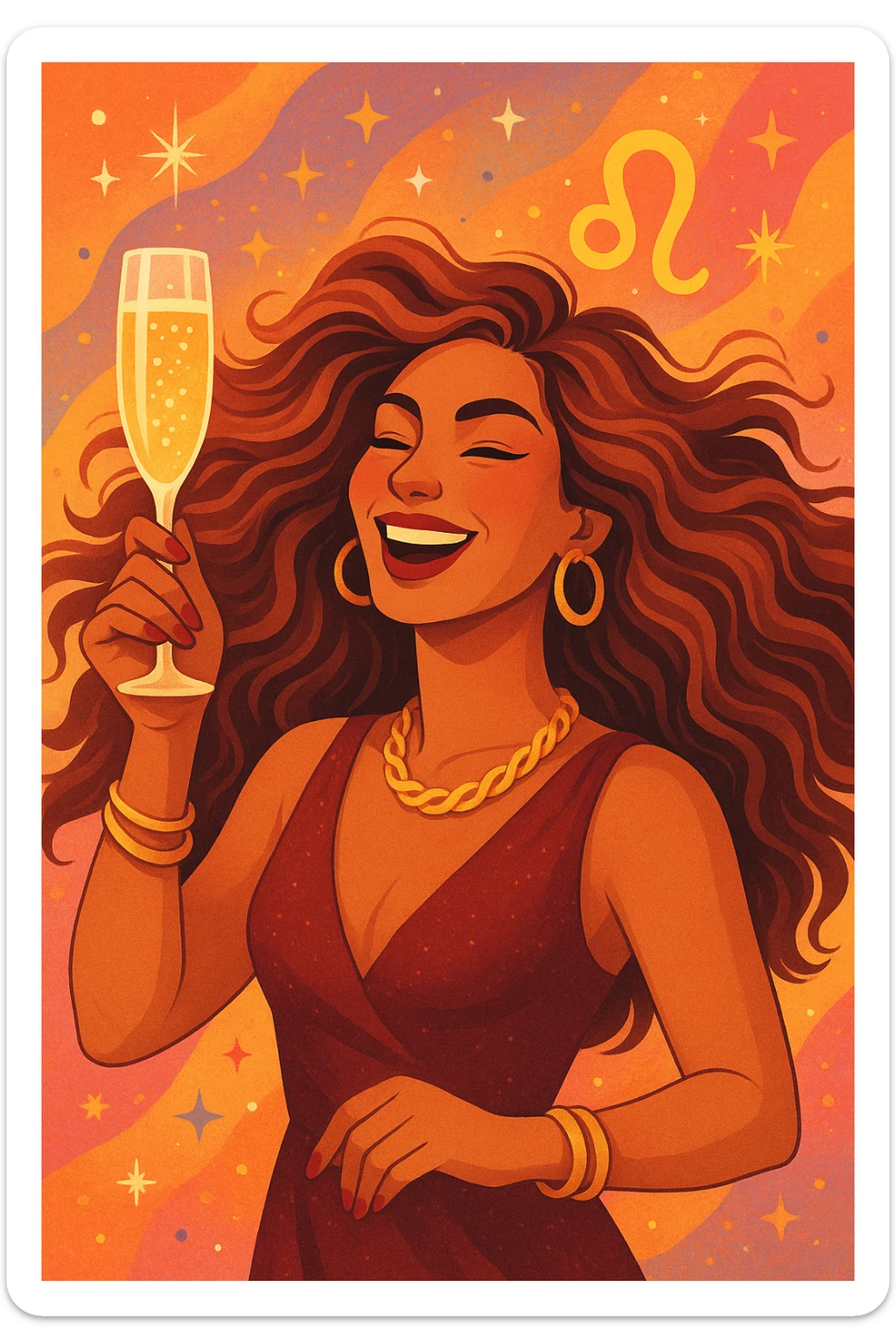 leo woman with flowing hair, wearing gold jewelry, holding a champagne flute, celebratory mood sticker