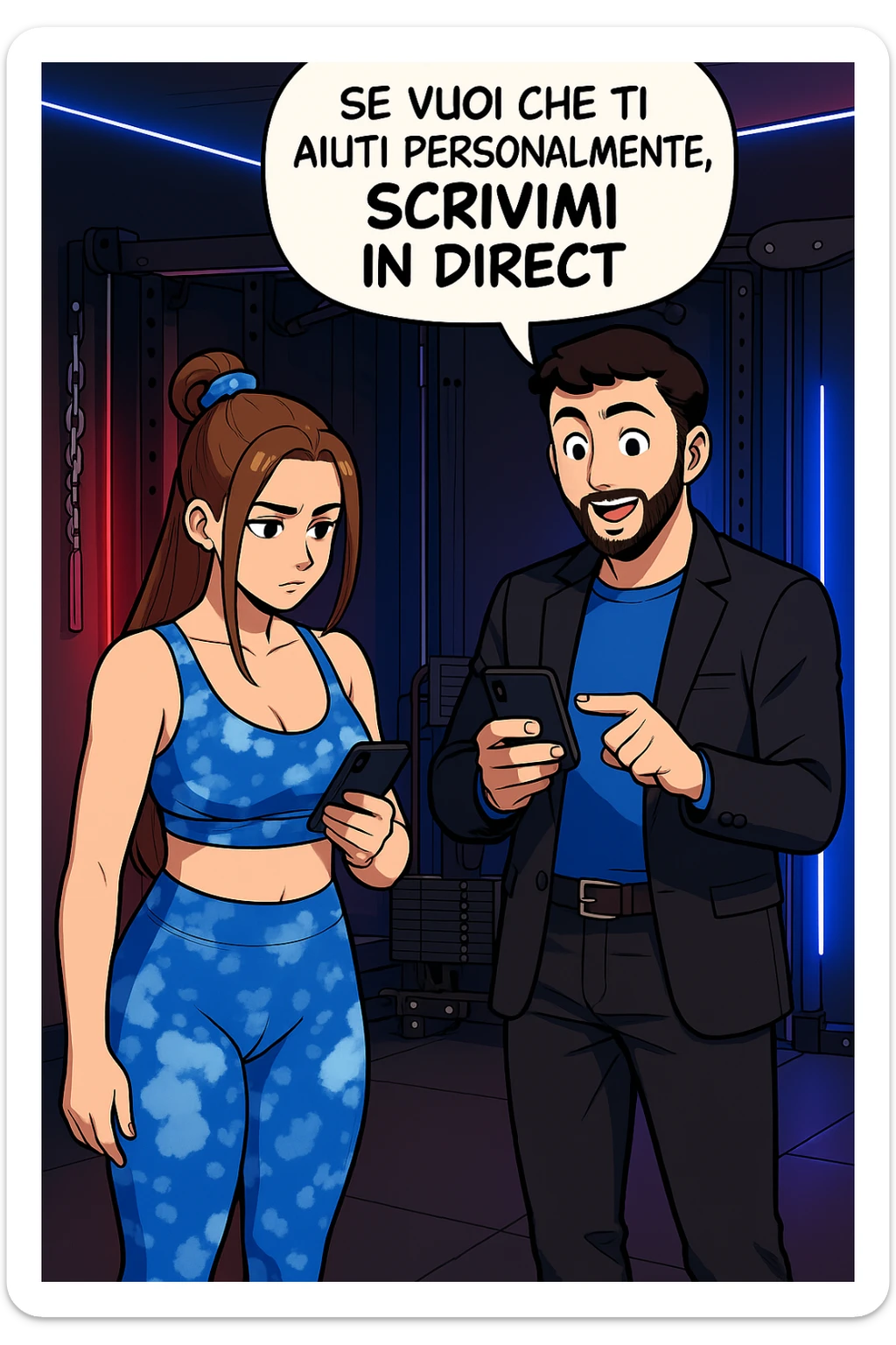 TRASFORMA QUESTO CAROSELLO IN UN FUMETTO STILE WEBTOON/MANGA A COLORI CON QUESTE DUE PERSONE IDENTICHE CHE INTERLOQUISCONO TRA LORO, L'UOMO MOSTRA UNO SMARTPHONE ALLA DONNA INDICANDOLO, E ANCHE LA DONNA HA LO SMARTPHONE IN MANO PER ANDARE A SEGUIRE IL SUO PROFILO INSTAGRAM:

LUI (UOMO): Se vuoi che ti aiuti personalmente
SCRIVIMI IN DIRECT sticker