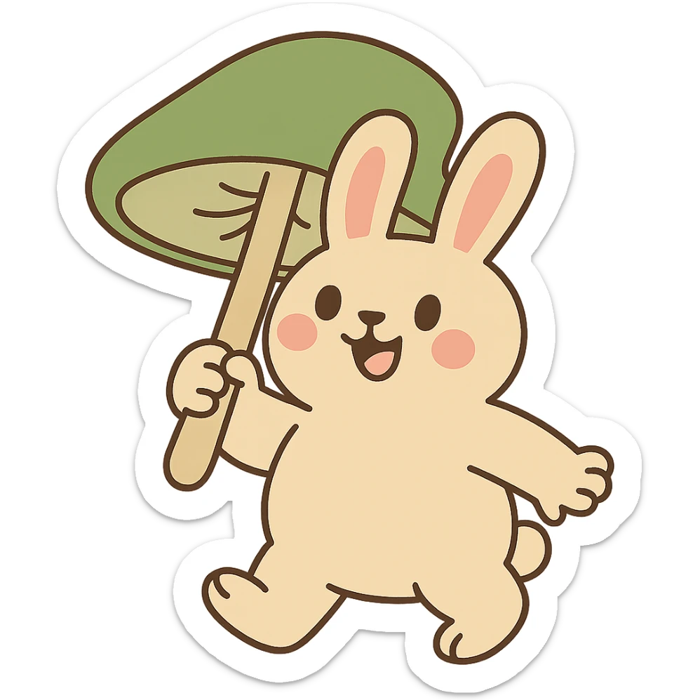 chubby bunny holding a mushroom umbrella, pastel beige and moss green, pastel toon style sticker