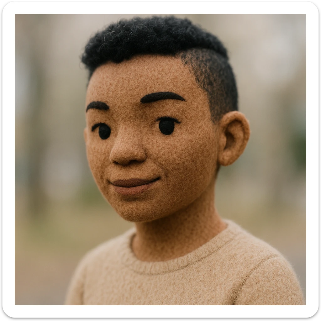 plush portrait of a black woman with light skin and short black curly hair, shaved on both sides, soft plush texture, gentle expression sticker