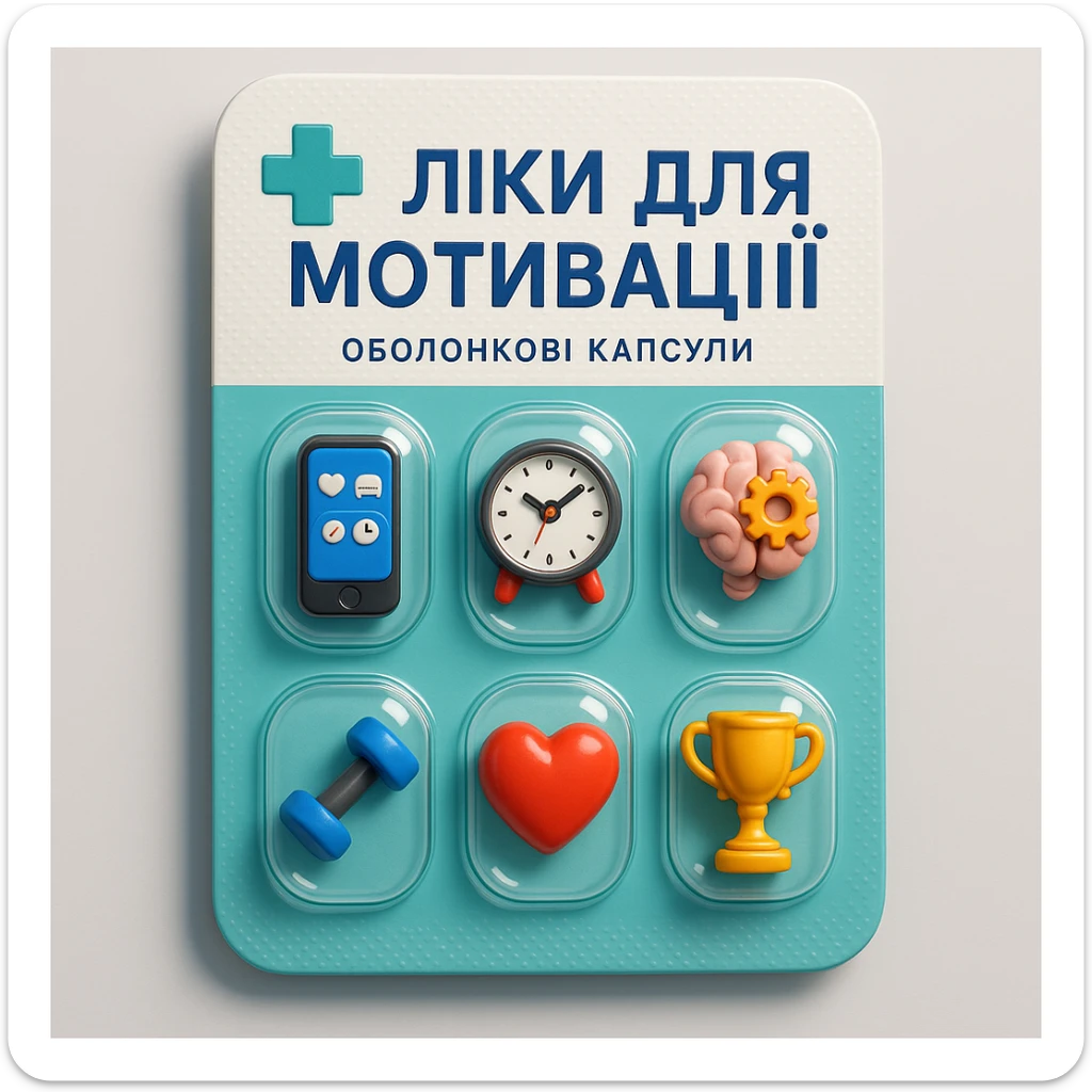 Create an ironic 3D illustration of blister pack tablets in the style of a pharmacy product, but with a satirical twist.
Instead of regular capsules, there should be miniature symbolic objects inside that represent a ‘cure’ for a specific modern problem, condition, or desire.
Title: "Ліки для мотивації". sticker