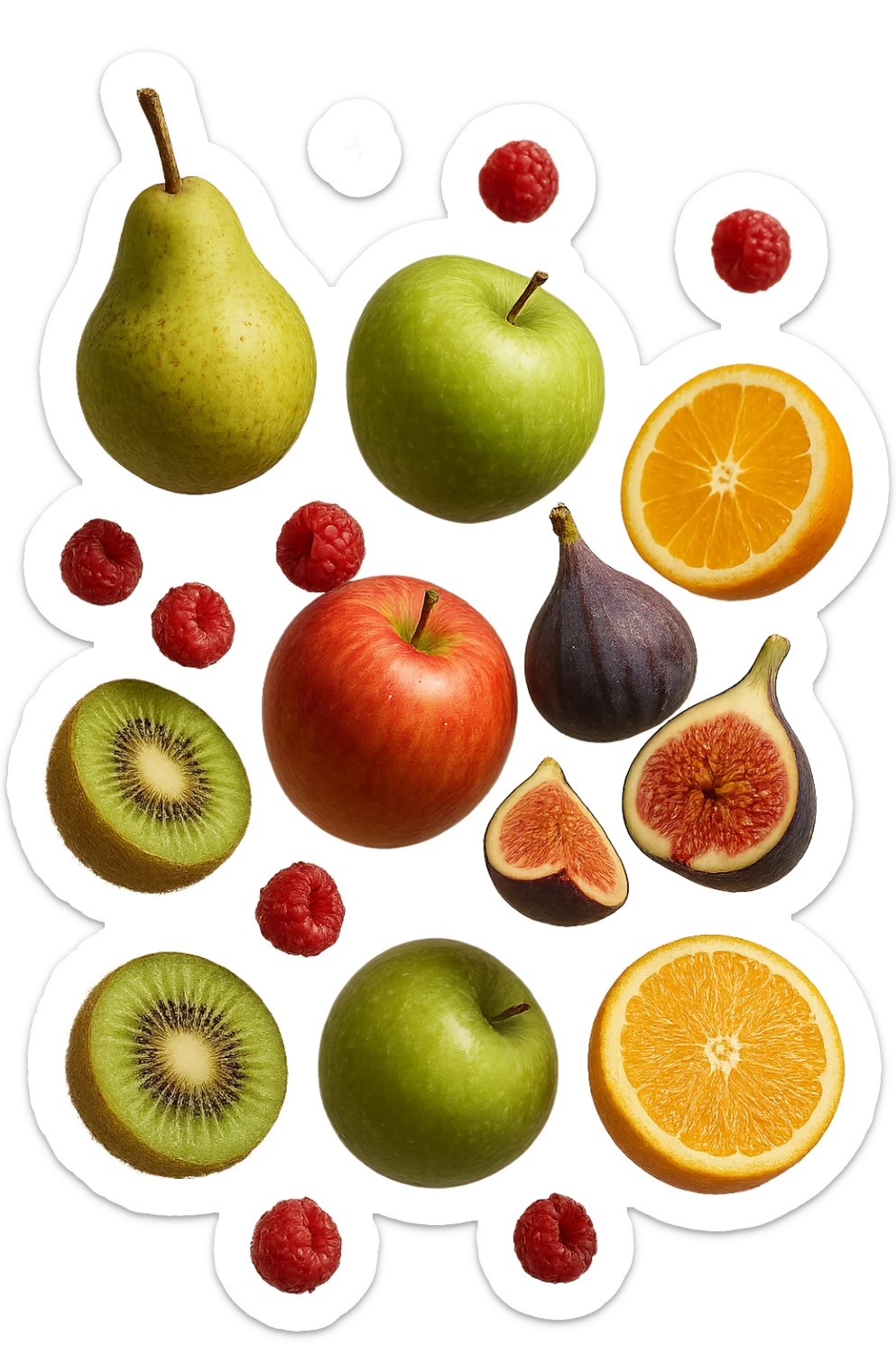 Pere, mele, lamponi, fichi, kiwi, arance FLUTTUANO IN ARIA, IPERREALISTICO 4K sticker