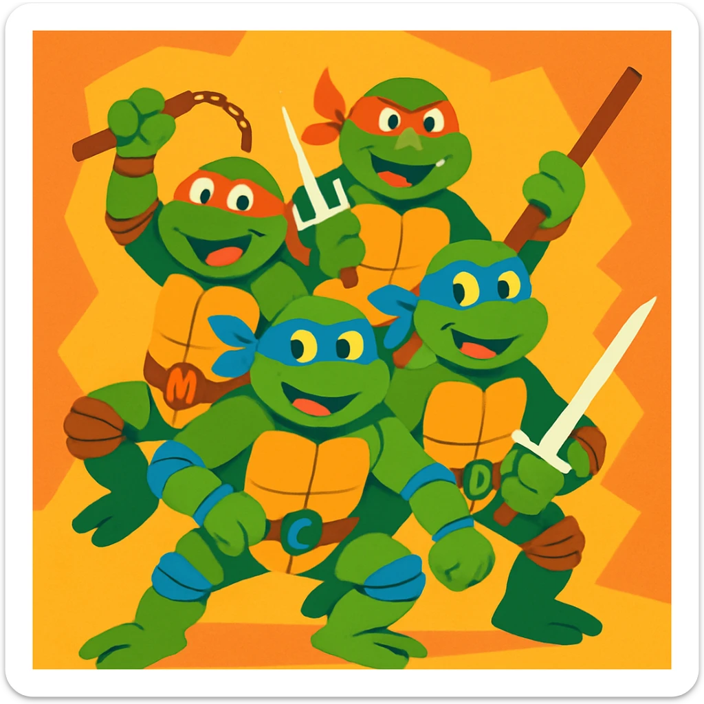 Teenage Mutant Ninja Turtles, classic cartoon style, vibrant colors, group pose, fun and energetic sticker