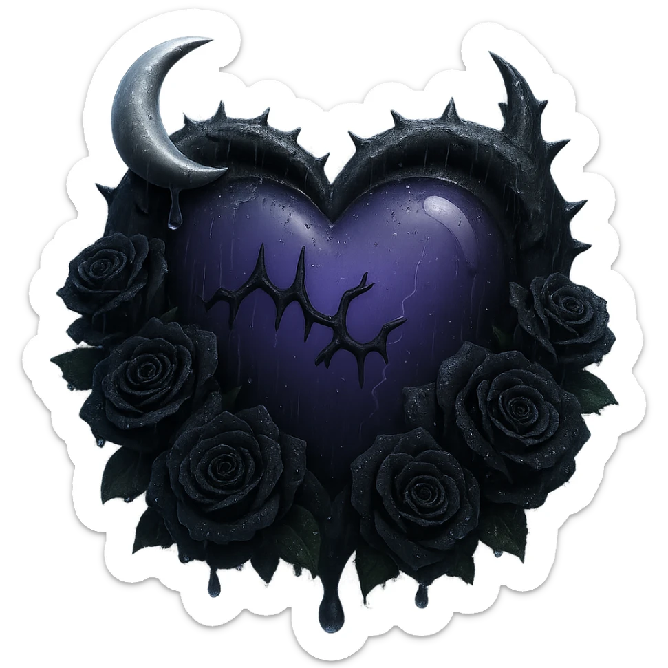 Add much more rain and thick mist to the scene, keeping the prominent black roses, gothic heart, deep purple glass, crescent moon dripping silver, subtle lightning, cracked glass glowing softly. The style should resemble 3D emoji style. Remove the background. sticker
