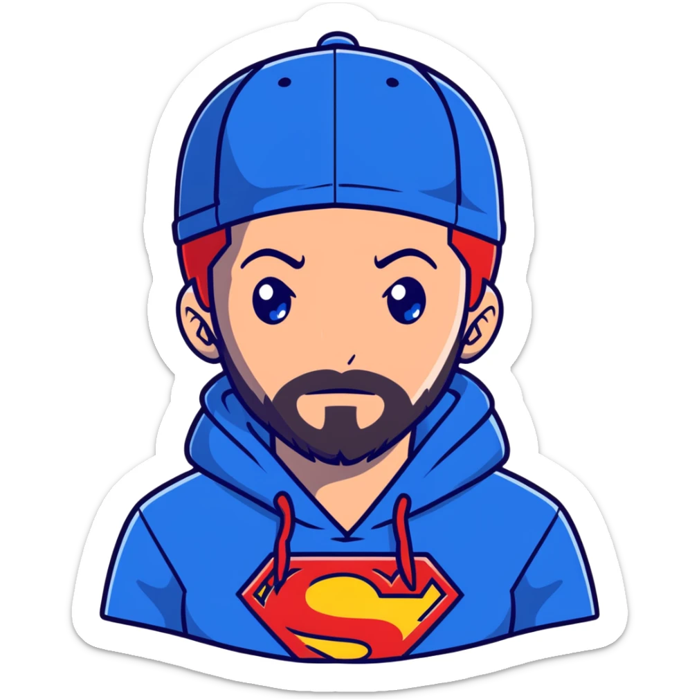 Full body human Adult male with blue eyes and redish messy hair and trimmed facial hair wearing a blue superman hoodie and a black backwards baseball hat sticker