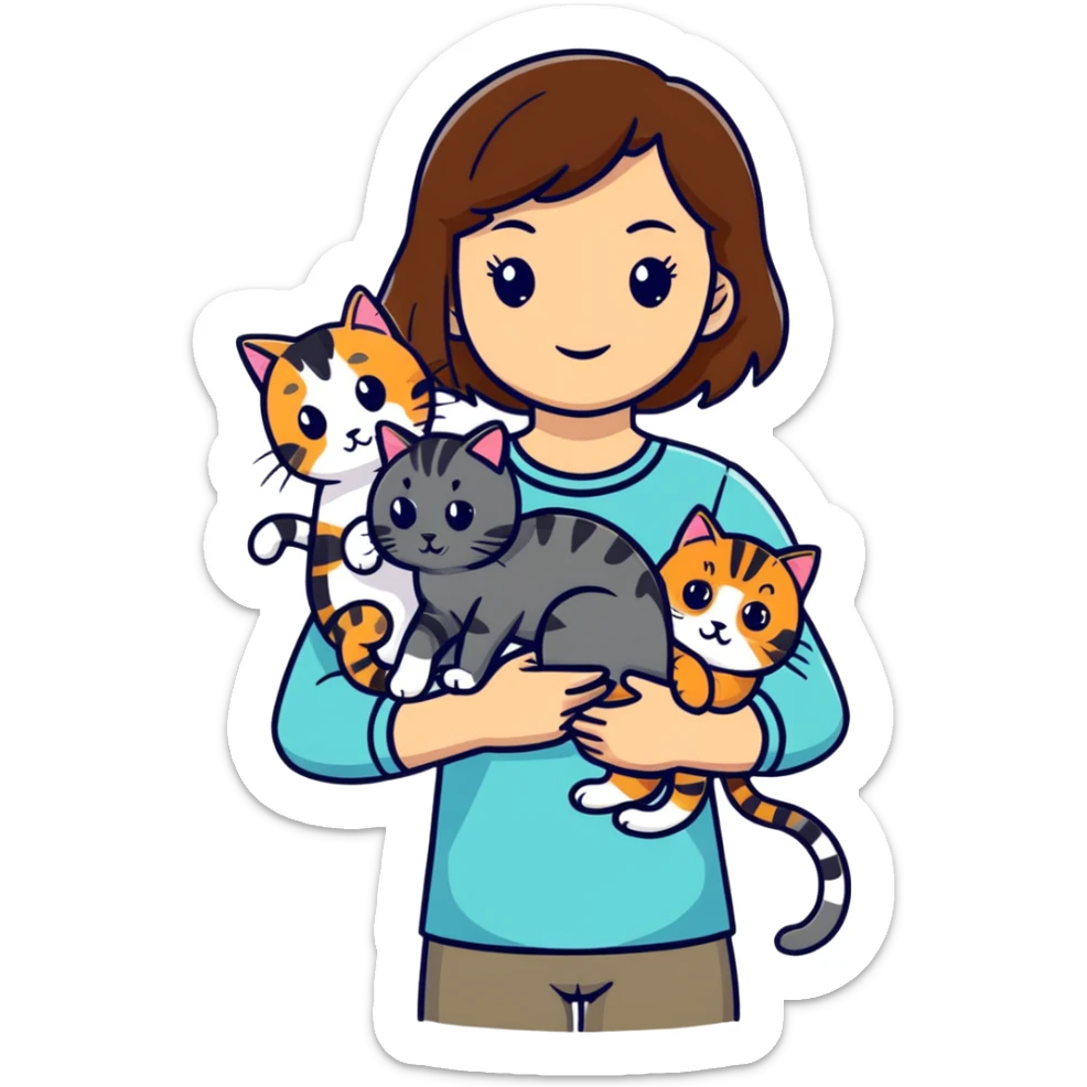 tan brown hair girl holding two black and grey striped cats sticker