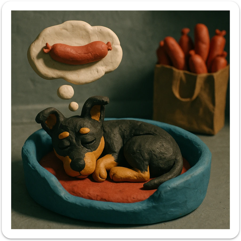 A small black and tan terrier dog curled up inside a fleece dog bed. the dog is dreaming about sausages. the room in the background is mainly coloured grey with a shopping bag in the background filled with lots of sausages sticker