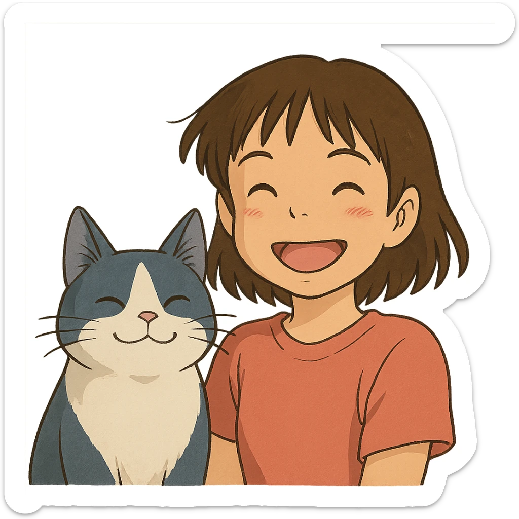 ghibli style illustration of a brown-haired Asian girl and her blue and white Manchikon cat, both smiling sticker