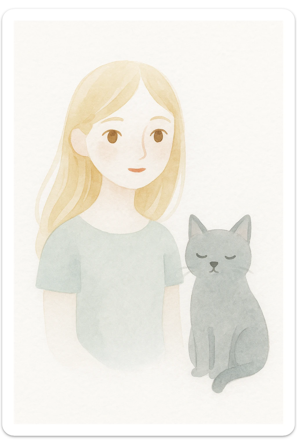 girl with long blond hair, brown eyes, and a grey cat, painterly, whimsical style sticker