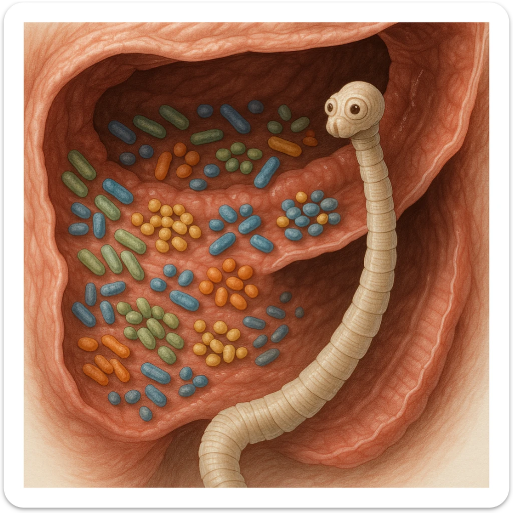 a medical illustration of a human realistic gut with bacteria and parasyte (tenia) realistic  sticker