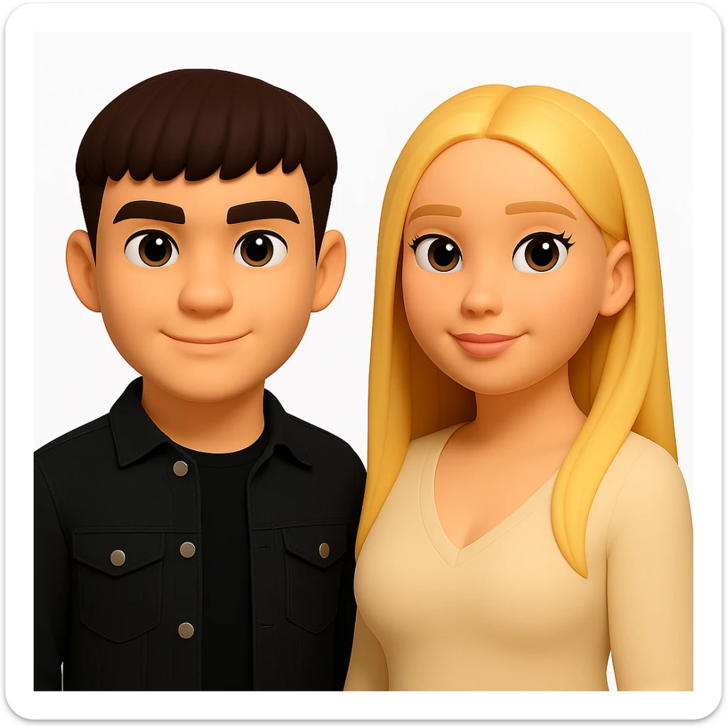 In the style of 3D Emoji, slightly increase the volume of the upper body of the girl, separate the two characters from each other, and make the skin color identical for both characters. Maintain the 3D Emoji style characteristics in the edit. sticker