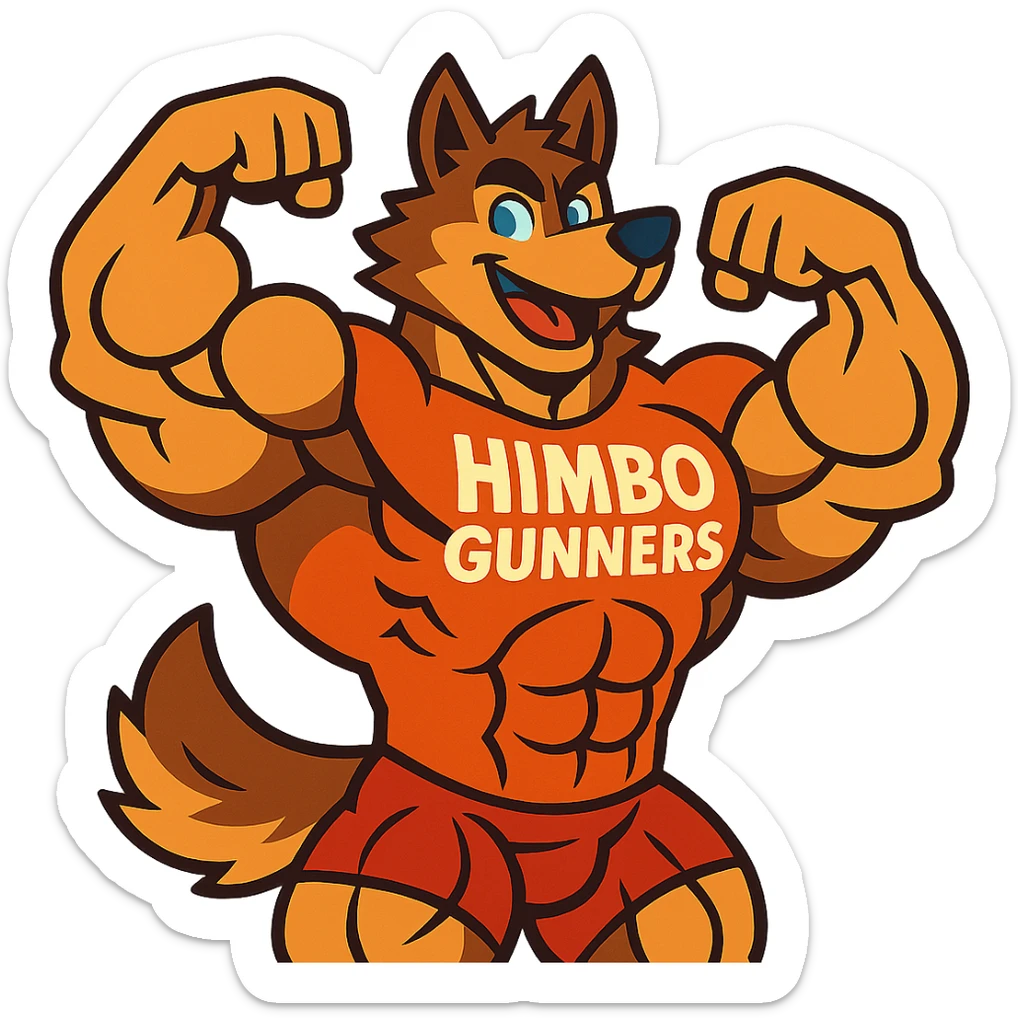 extremely muscular wolf furry with exaggerated muscles, wearing a t-shirt that says 'Himbo gunners', flexing pose sticker