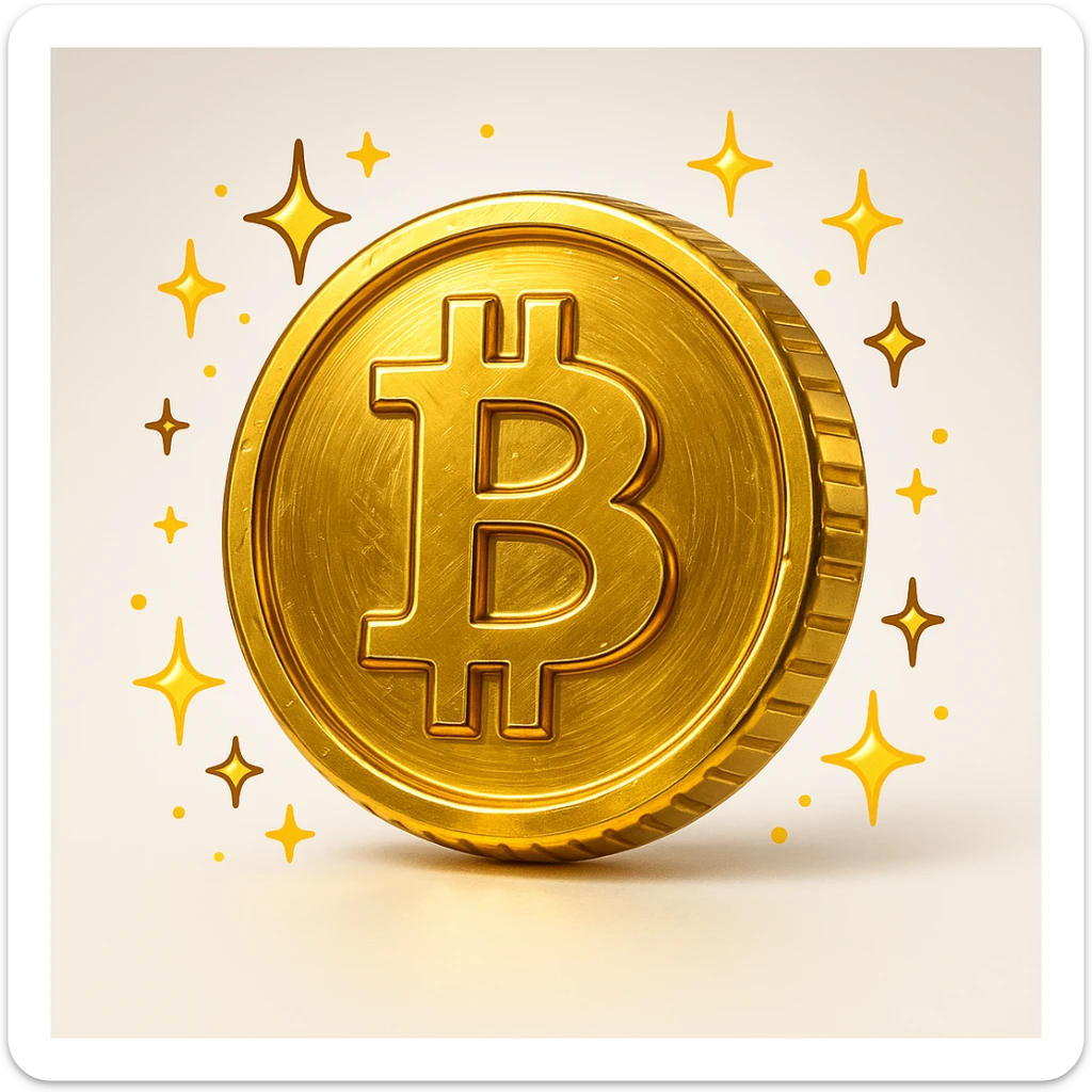 a shiny gold coin with magical sparkles swirling around it, vibrant cartoon style sticker