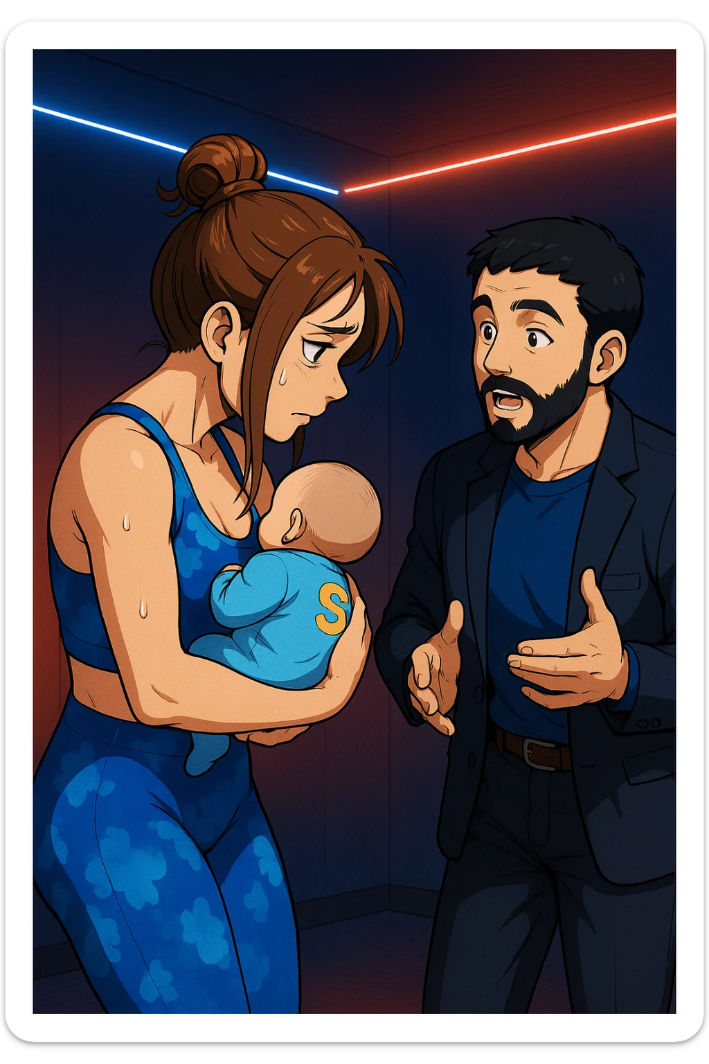 ispirati a questo stile di disegno e fai questa immagine in versione manga/webtoon a colori, il manga mostra la donna preoccupata di profilo con la postura sbagliata e incurvata, spalle chiuse e curve in avanti, con un neonato in braccio con una tutina azzurra e la scritta "S" sulla schiena, spina dorsale storta della donna in evidenza mentre ascolta l'uomo mentre l'uomo gli sta spiegando una cosa, ma non fare i fumetti, fai come se stessero parlando sticker