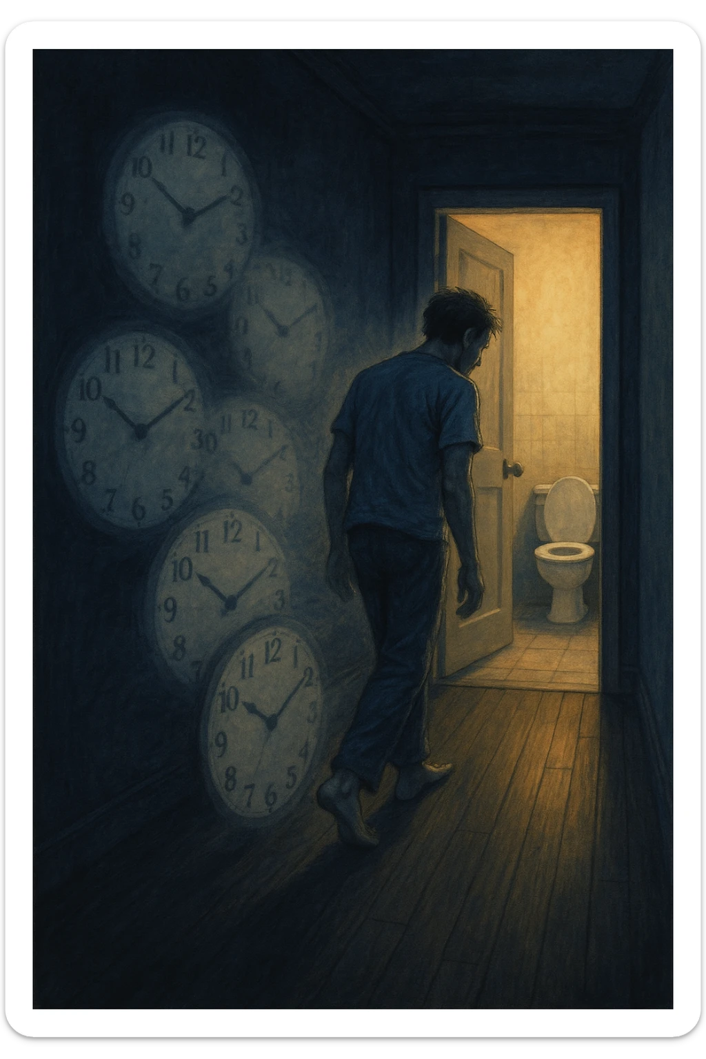 In una scena notturna onirica, un uomo cammina a piedi nudi in un corridoio buio verso un bagno illuminato, ripetutamente. Dietro di lui, come in una scia, ci sono orologi sfocati che simboleggiano il sonno interrotto. Ogni passo è lento, stanco, come se il corpo chiedesse riposo ma la vescica non lo permettesse. sticker