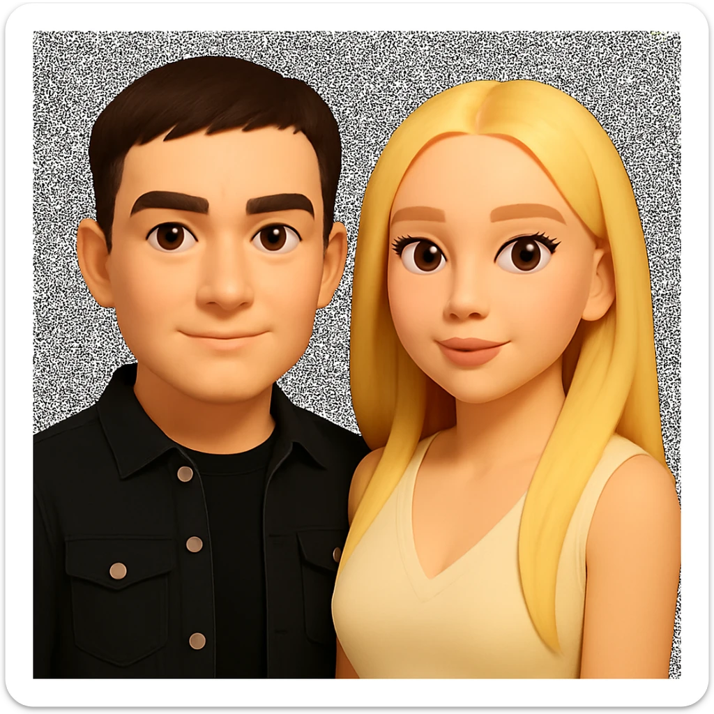 Slightly increase the volume of the upper body of the girl and slightly turn her to face forward. Make the boy look a bit older. Maintain the 3D emoji style appearance and keep the background transparent. sticker