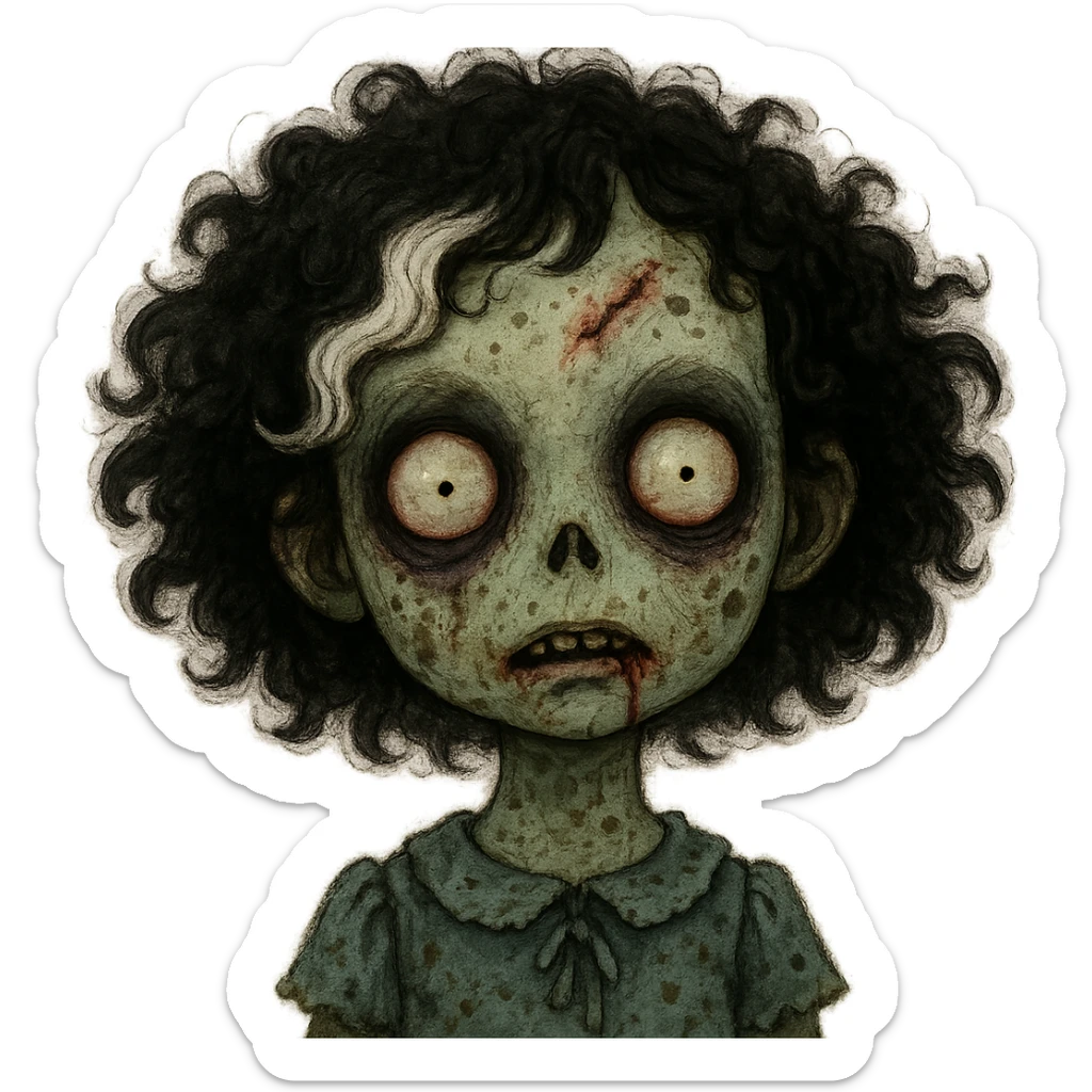 adorable zombie girl, black curly hair with a white streak, unsettling face, makeup sticker