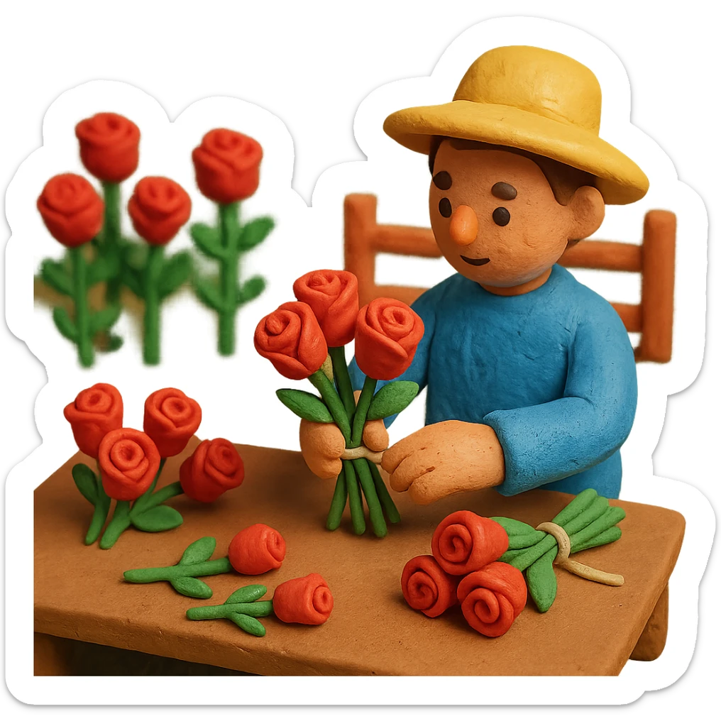 rose farm emoji with roses being sorted and tied into bunches, claymation style sticker