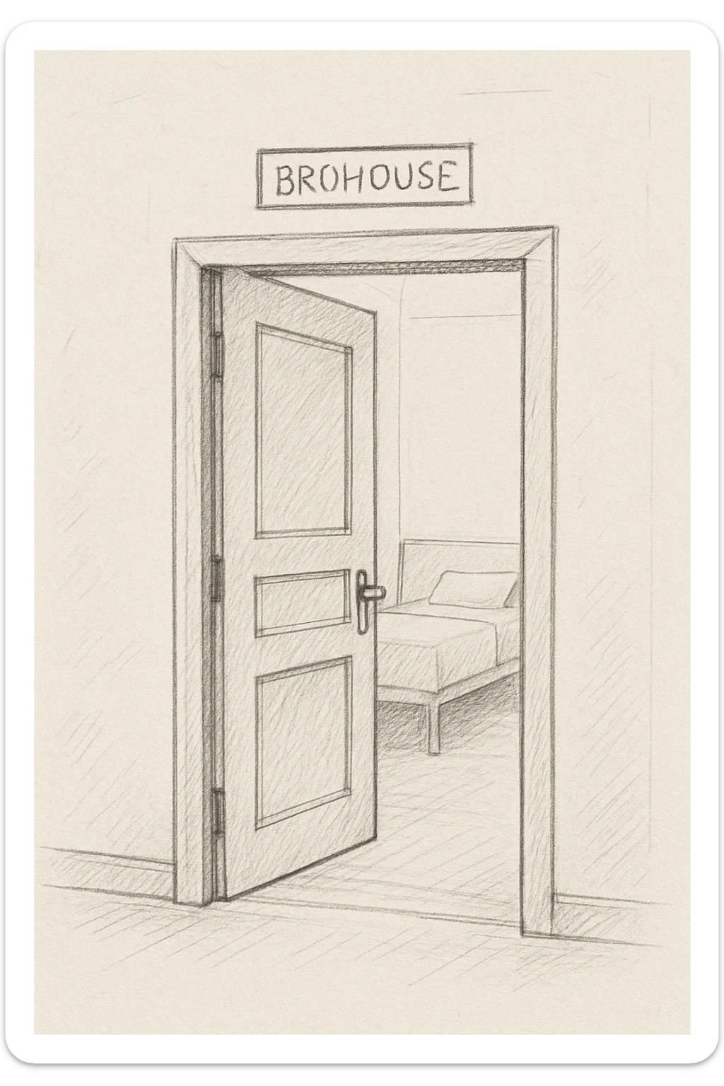 endi menga brohouse sartarish xonasini tashqaridan chizib ber eshigi ochiq bulsin faqat sticker