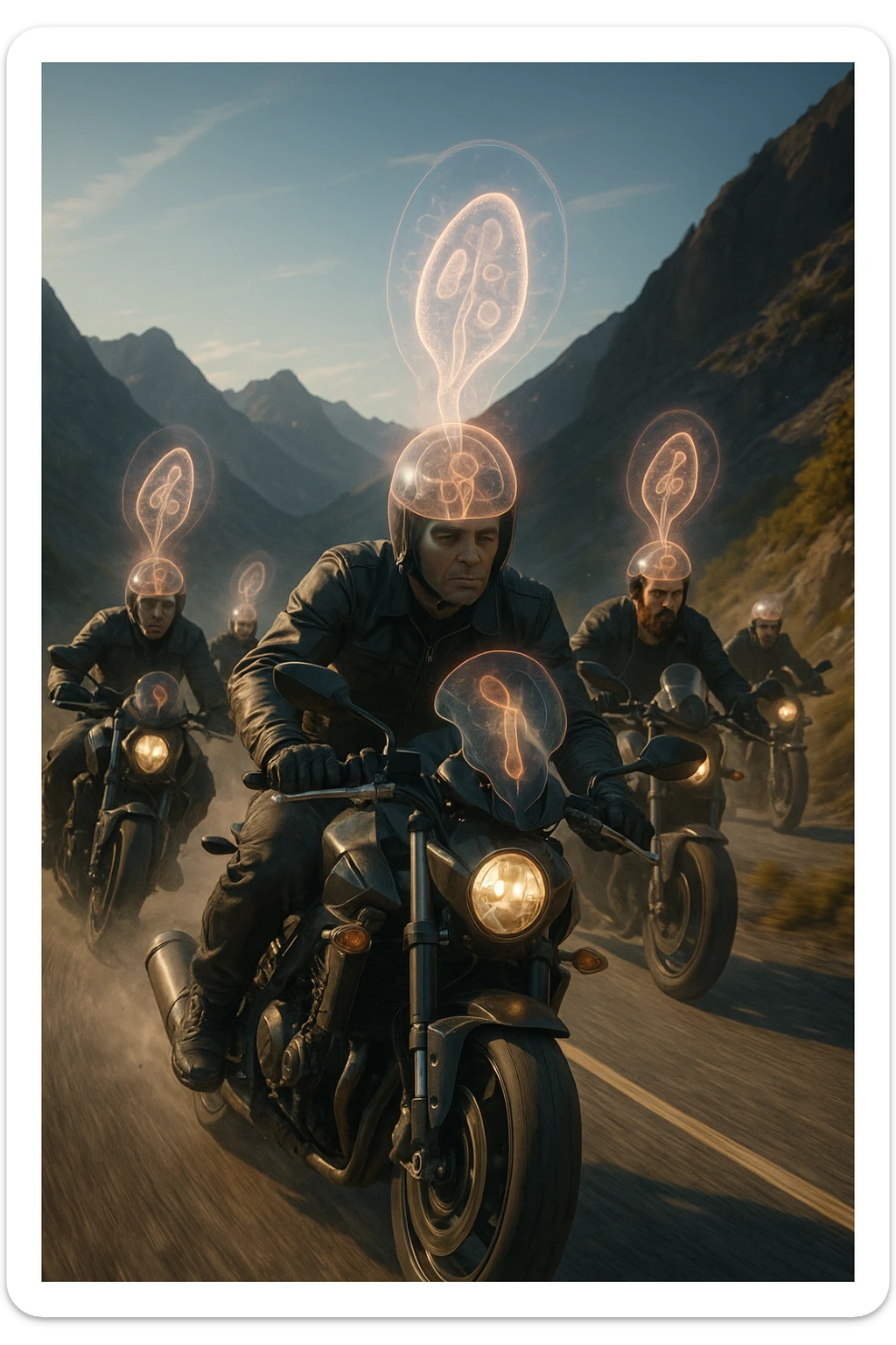 A group of motorcyclists riding aggressively along a winding mountain road at high speed. Their expressions are eerily calm and fearless. Faint, translucent parasite-like forms (symbolizing Toxoplasma gondii) overlay their heads or brains, emitting a subtle glow. sticker
