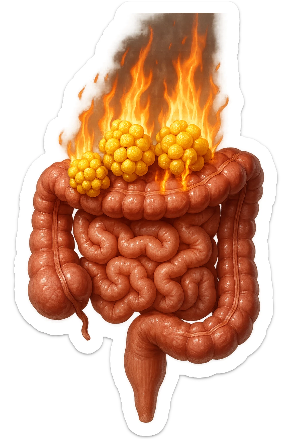 intestino umano con cellule gialle di grasso a grappoli attaccate sopra, con fiamma che brucia, iperrealistici 4k sticker
