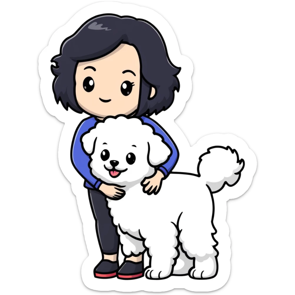 woman with long black hair holding white fluffy Bichon Frise dog sticker