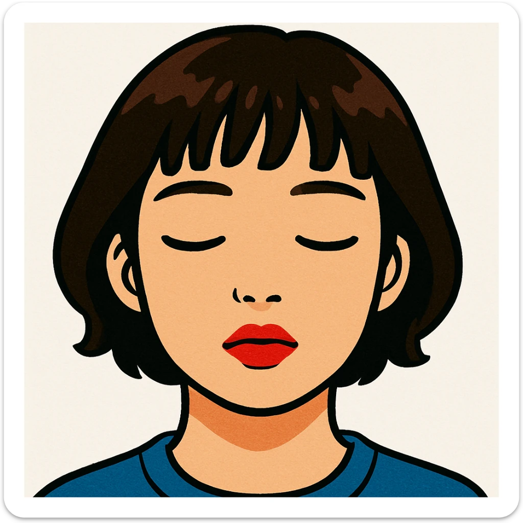 A young Asian woman with short, dark brown hair with bangs, neutral facial expression, closed eyes, vibrant red lips, light beige skin tone, close-up portrait, plain white background, cartoon-like and stylized, bright and saturated colors, even and flat lighting, neutral atmosphere, GPT image style. sticker