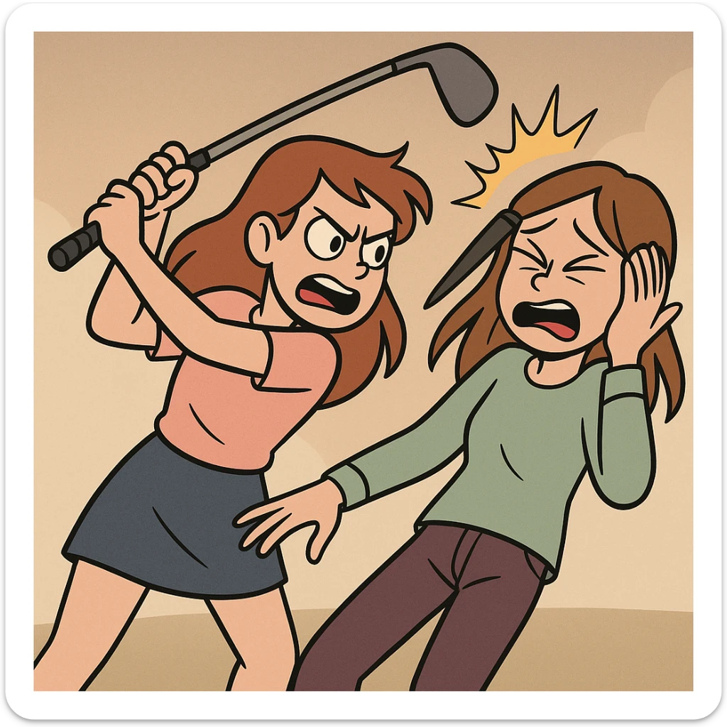 a dramatic scene of a girl hitting another girl with a golf club, stylized illustration sticker